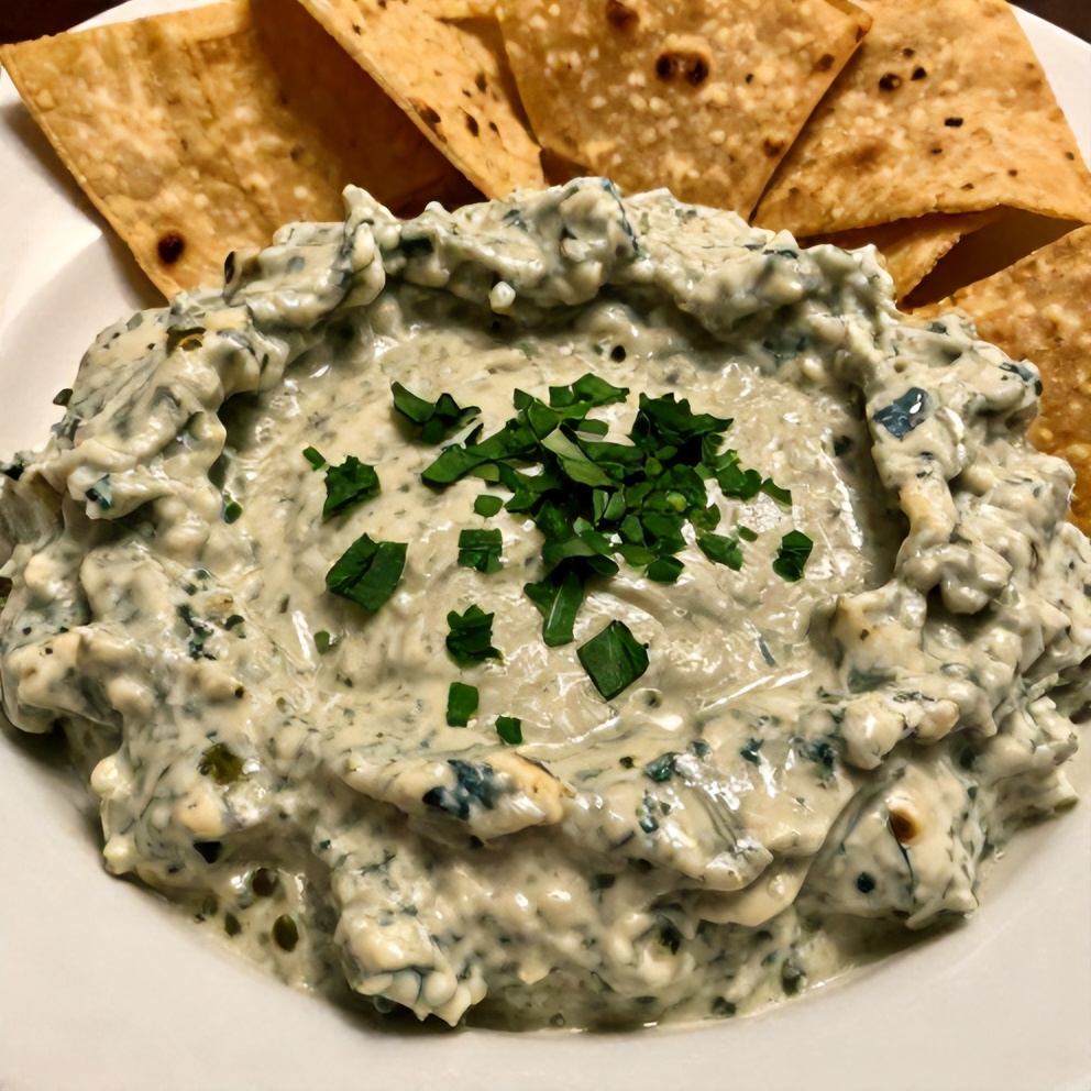 A serving of jalapeño spinach artichoke dip on a white plate, garnished with chopped fresh parsley, served with tortilla chips