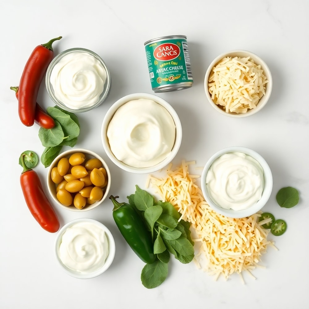 Fresh spinach, canned artichoke hearts, jalapeño peppers, cream cheese, sour cream, and shredded cheese arranged on a wooden cutting board