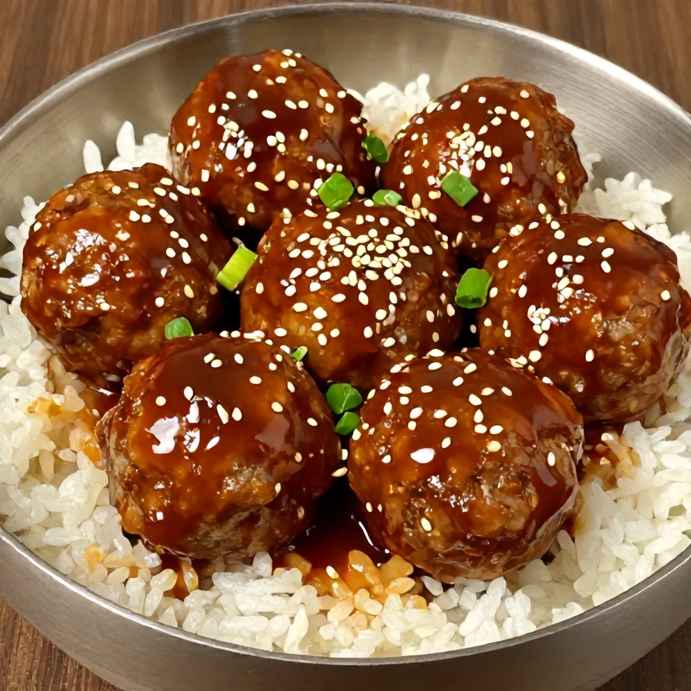 Finished Korean BBQ Meatball Rice Bowl