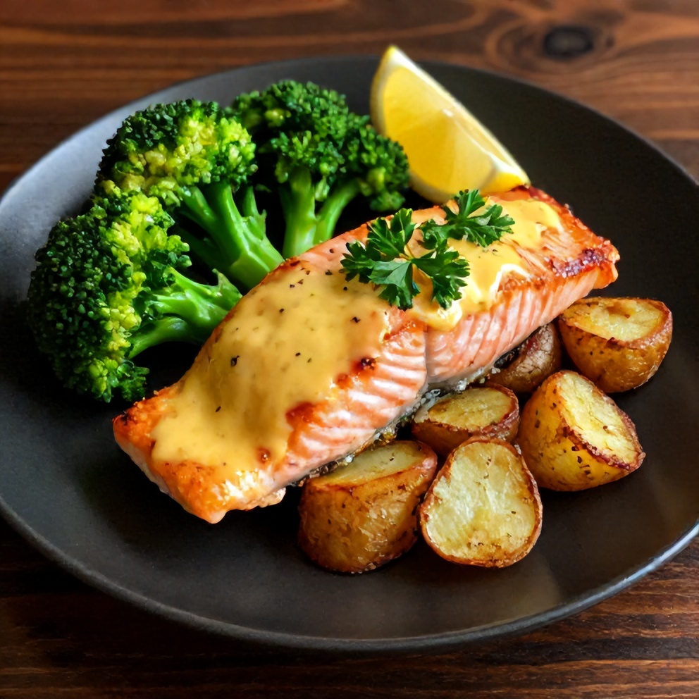 Plated Easy Lemon Butter Salmon with crispy potatoes and broccoli