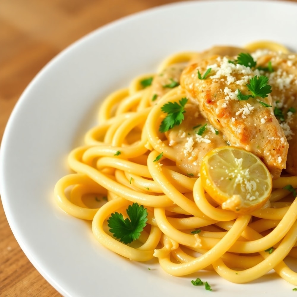 Easy Lemon Chicken Pasta plated with fresh parsley and parmesan cheese