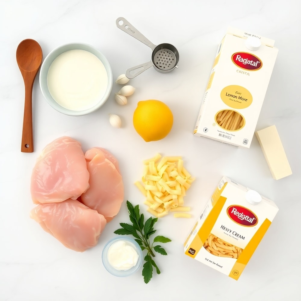 Raw ingredients for Easy Lemon Chicken Pasta: chicken, lemon, garlic, pasta, parmesan, and heavy cream