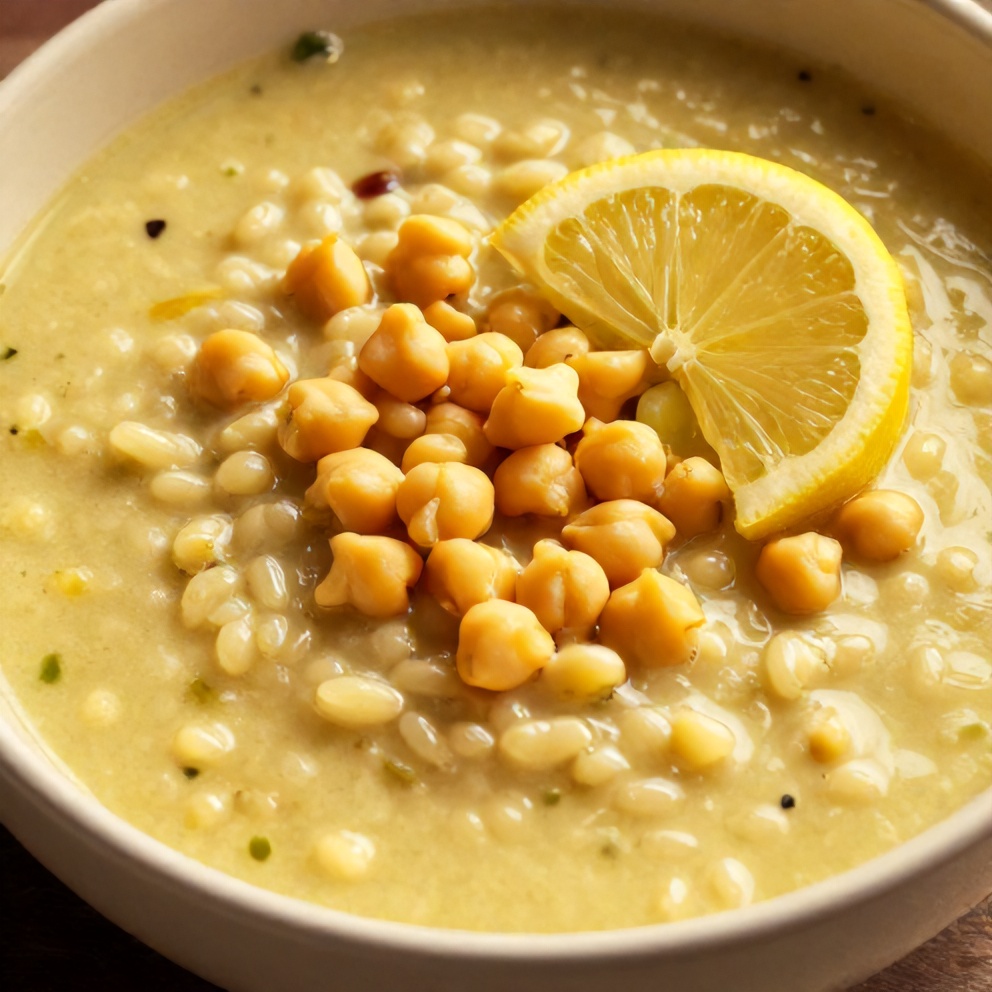 Bowl of Lemon Chickpea Orzo Soup with a lemon slice