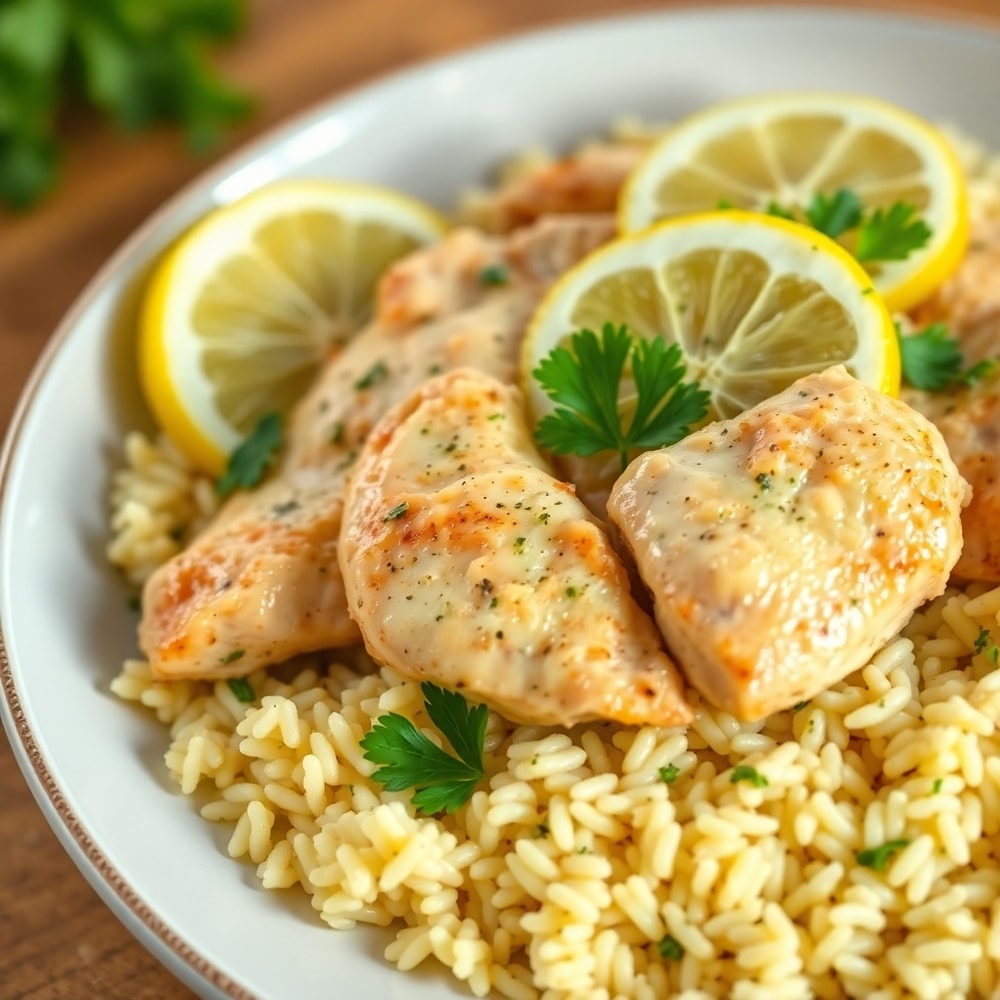 Plated Lemon Herb Chicken and Rice with lemon slices