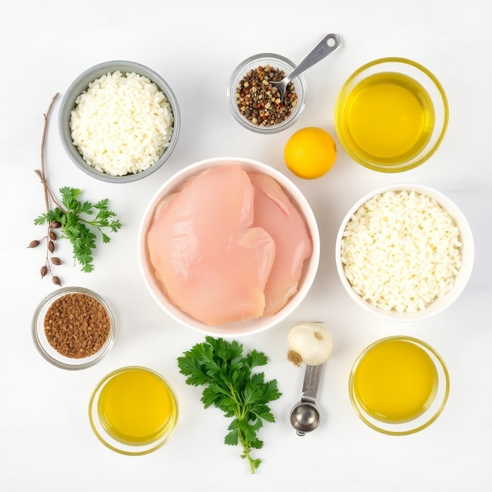 Raw ingredients for Lemon Herb Chicken and Rice laid out