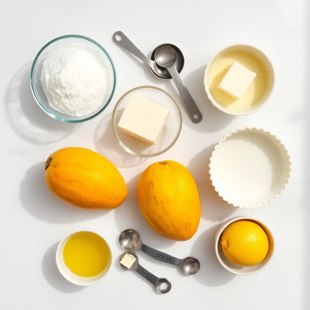 Raw ingredients for Mango Curd Tart: mangoes, sugar, eggs, butter, tart shells