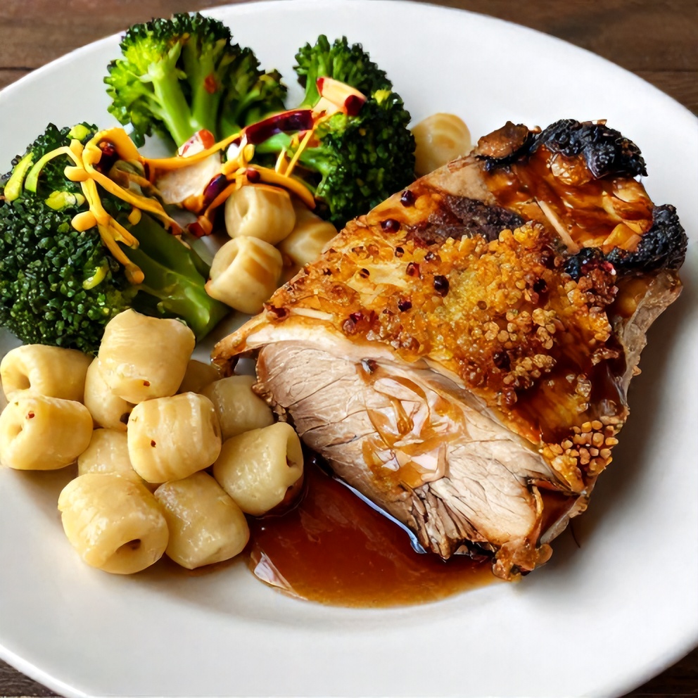Plated Maple Dijon Pork Tenderloin with a side of Easy Gnocchi and Broccoli Bake