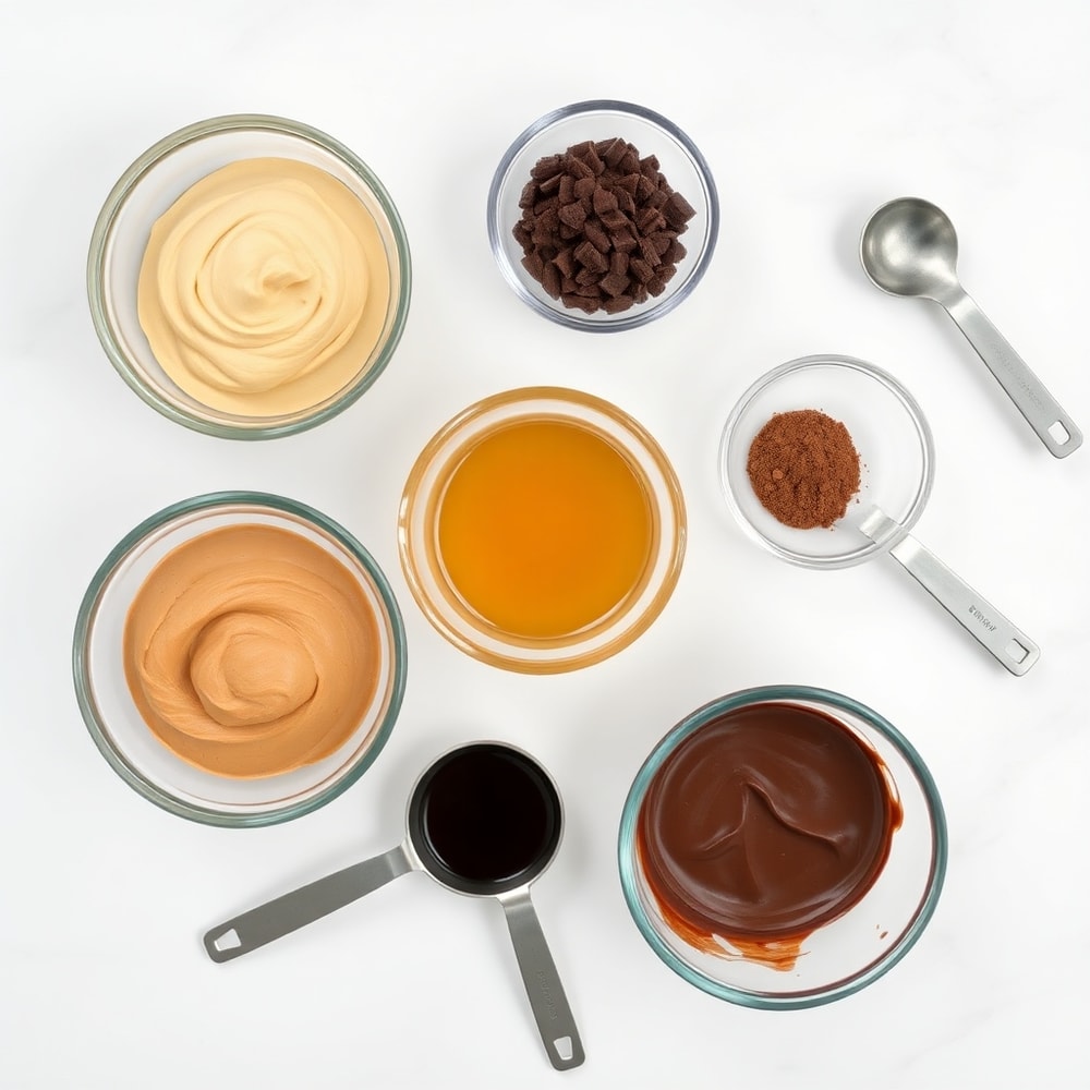 Ingredients for no-bake chocolate peanut butter protein cups on a marble surface