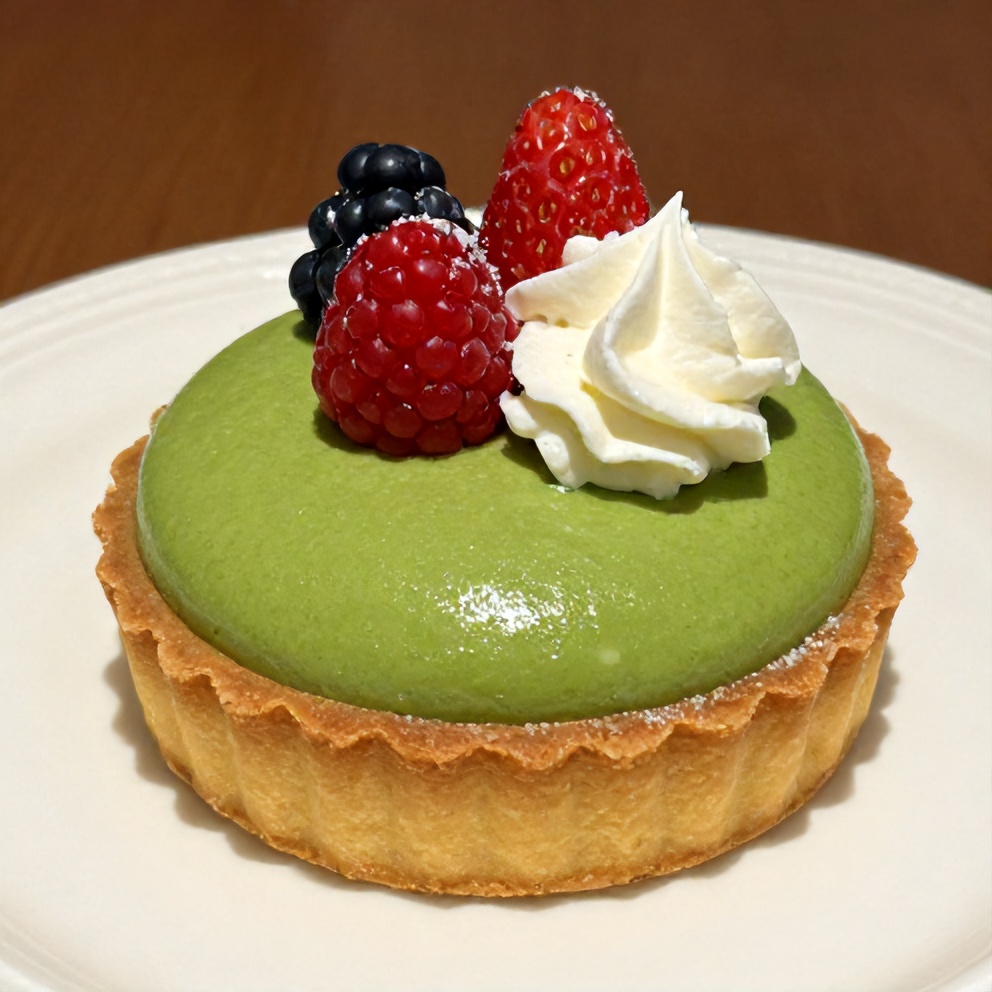 Sliced no-bake matcha coconut cream tart on a dessert plate