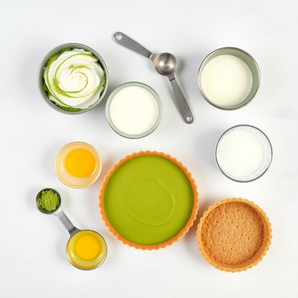Raw ingredients for no-bake matcha coconut cream tart on a marble surface