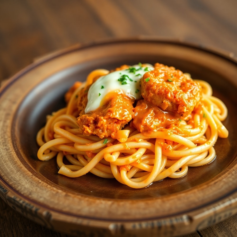 One pot buffalo chicken pasta plated with melted mozzarella and crispy chicken on top