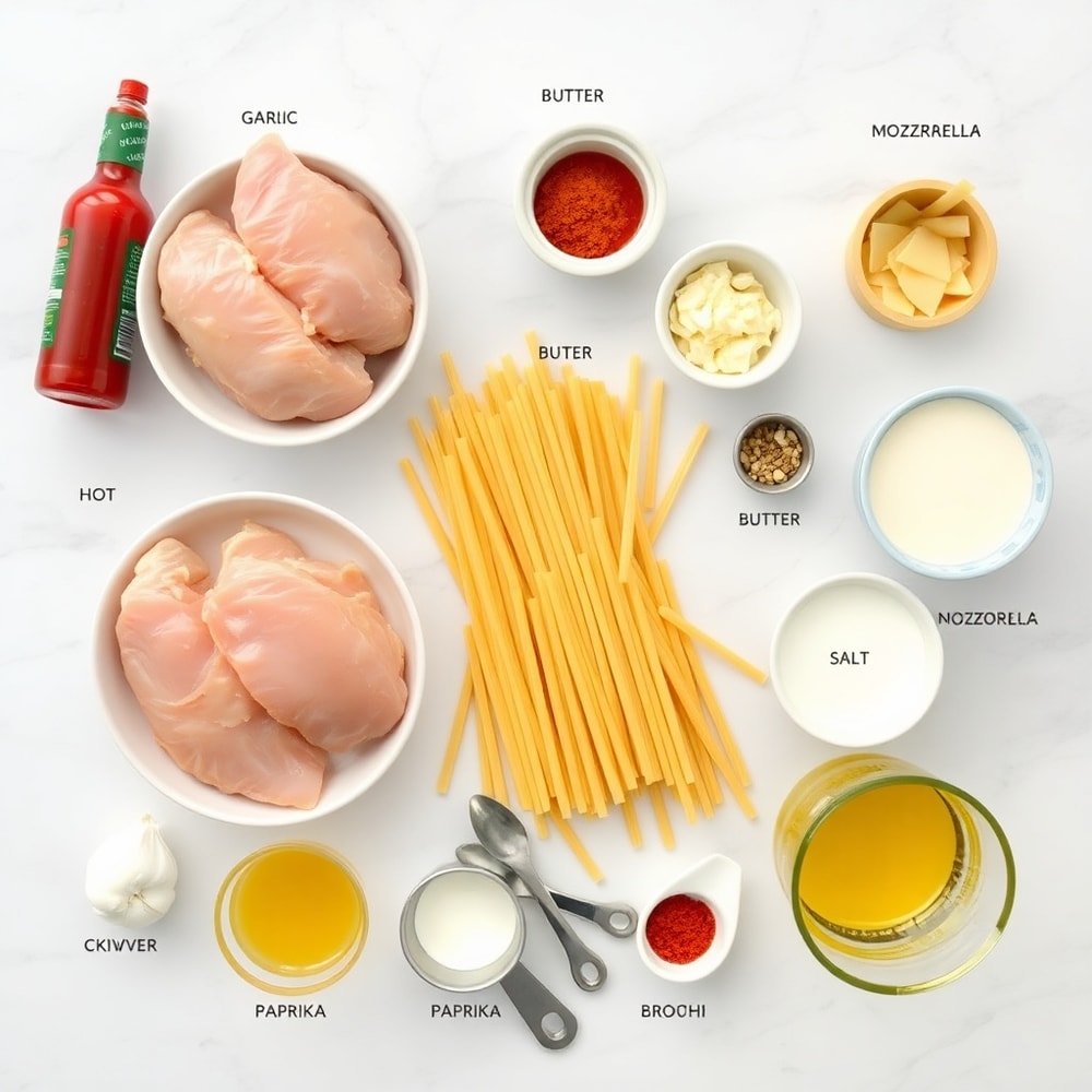Raw ingredients for one pot buffalo chicken pasta including chicken breasts, pasta, hot sauce, and mozzarella cheese