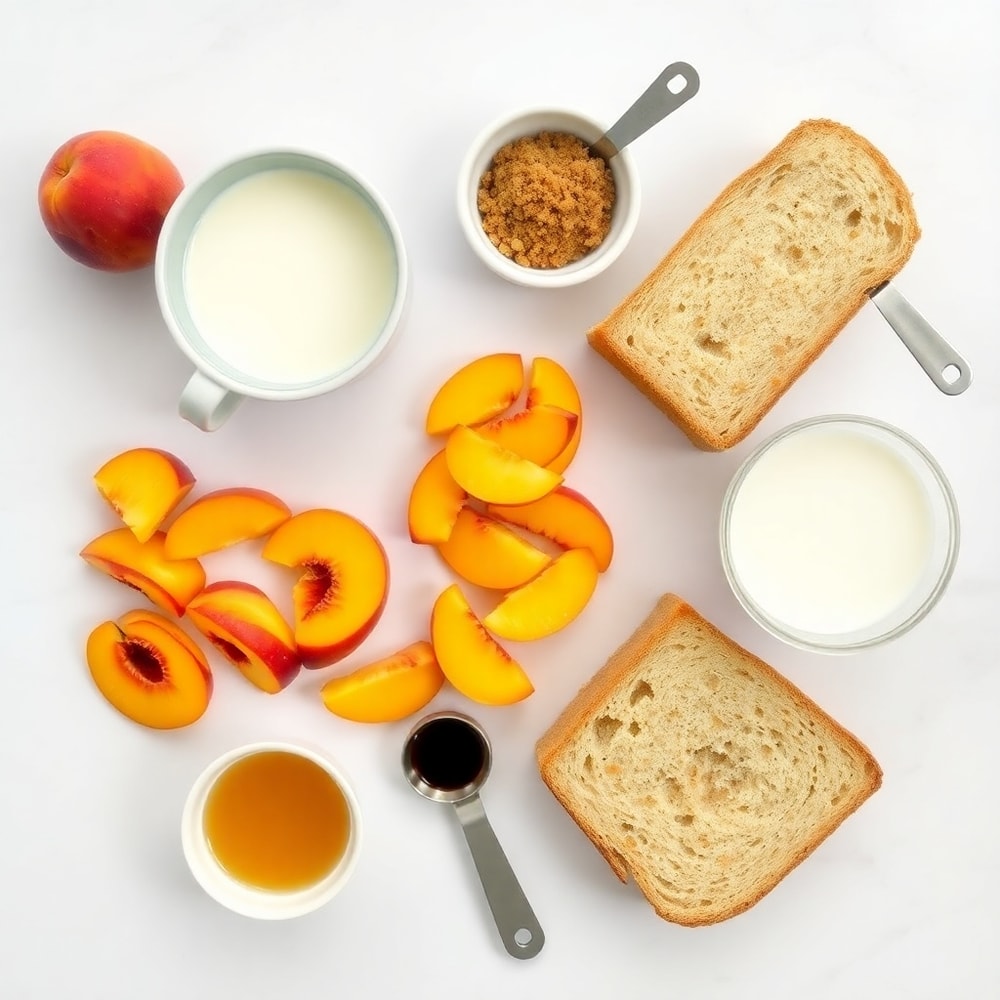 Ingredients for Peach Cobbler French Toast Bake on a marble surface