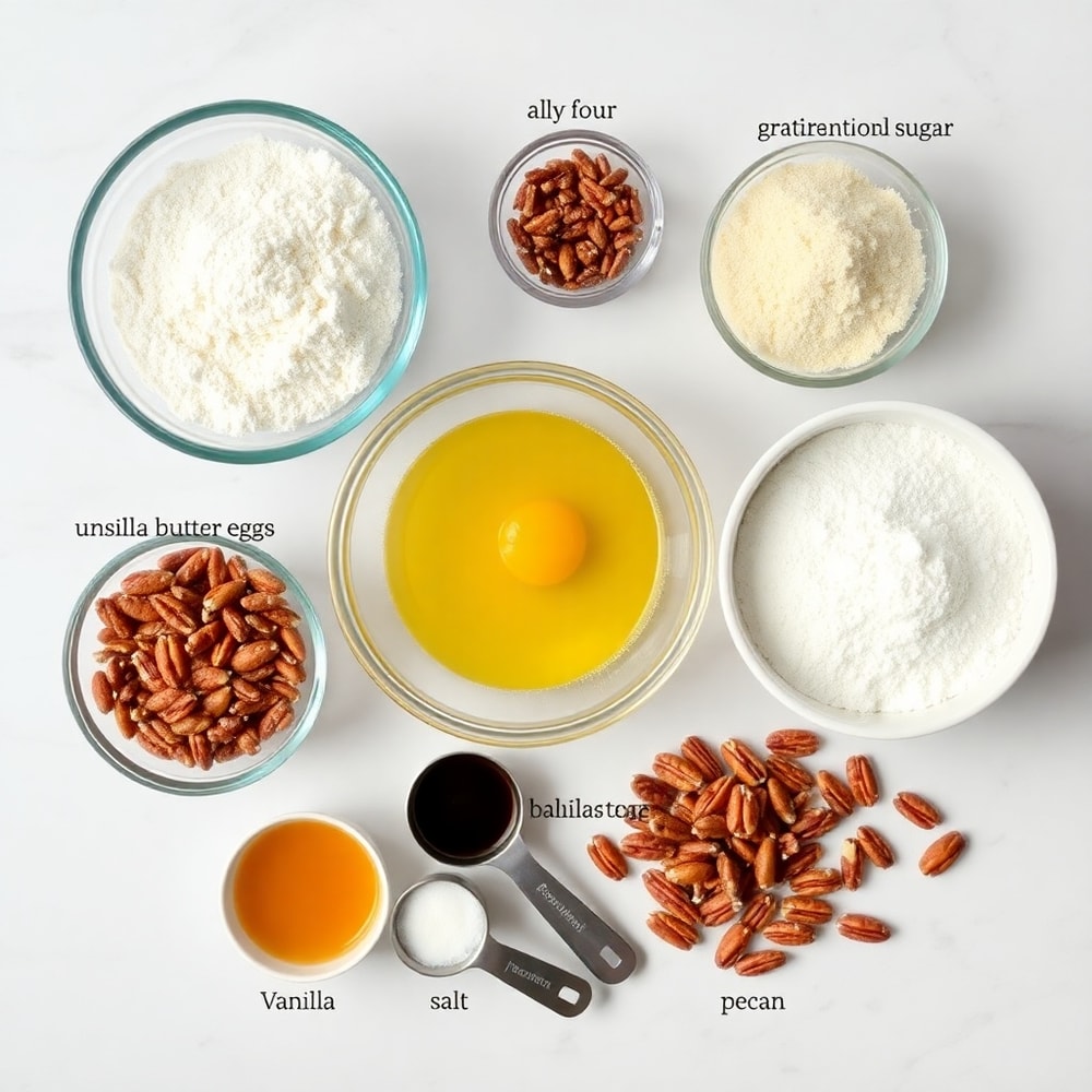 Ingredients for Pecan Crunch Bites on a marble surface