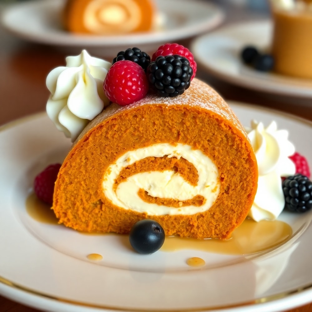 Pumpkin roll slice on a dessert plate