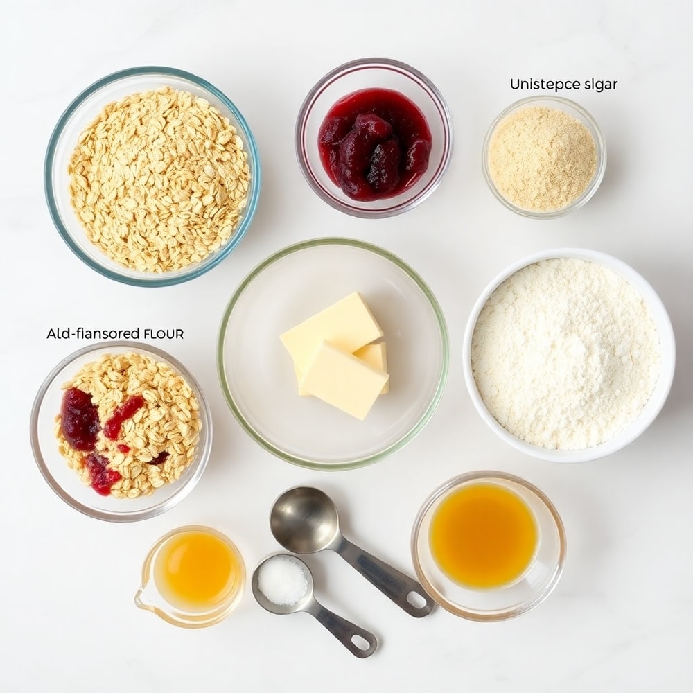Raspberry Oatmeal Crumble Bars ingredients on a marble counter