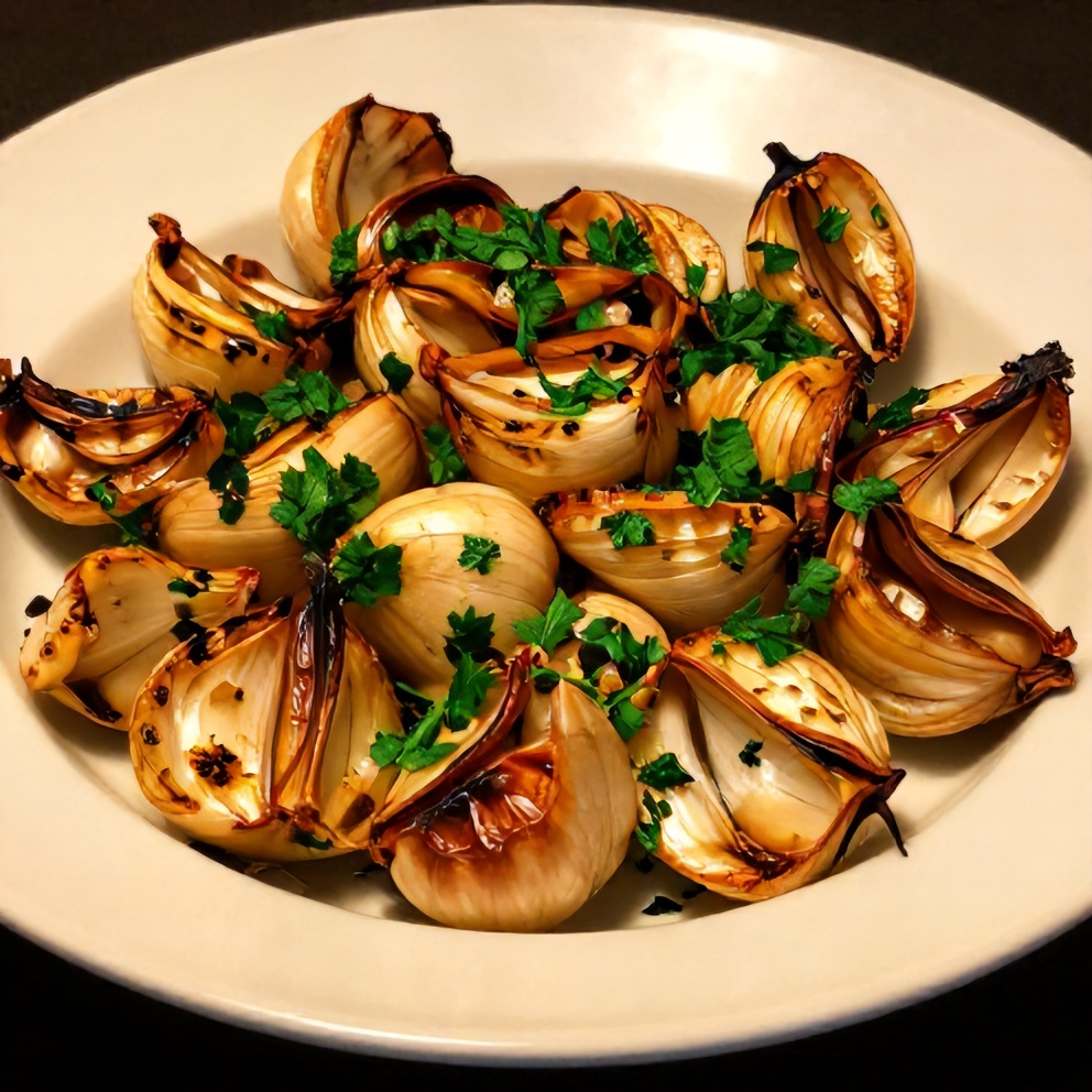 Plated roasted garlic cloves with fresh parsley