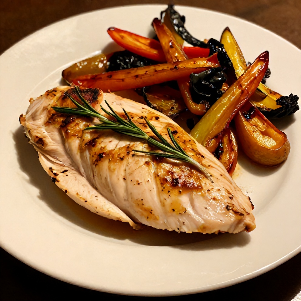 Plated rosemary dijon chicken breast with a side of roasted vegetables