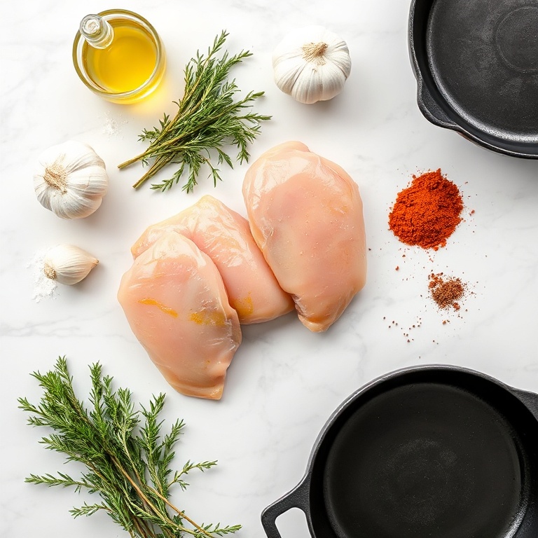 Rosemary, dijon mustard, garlic, chicken breasts, and other ingredients laid out for easy rosemary dijon chicken