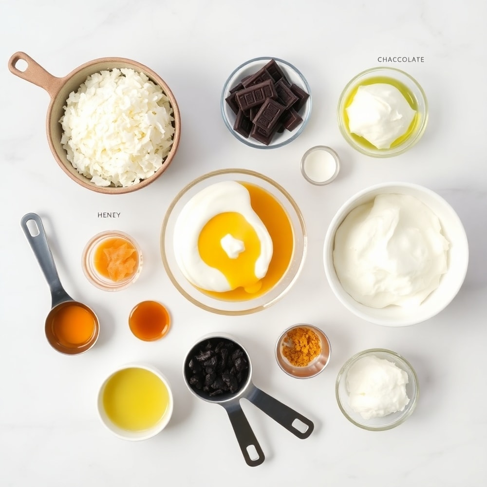 Coconut flakes, honey, Greek yogurt, dark chocolate, and other ingredients laid out on a white marble surface