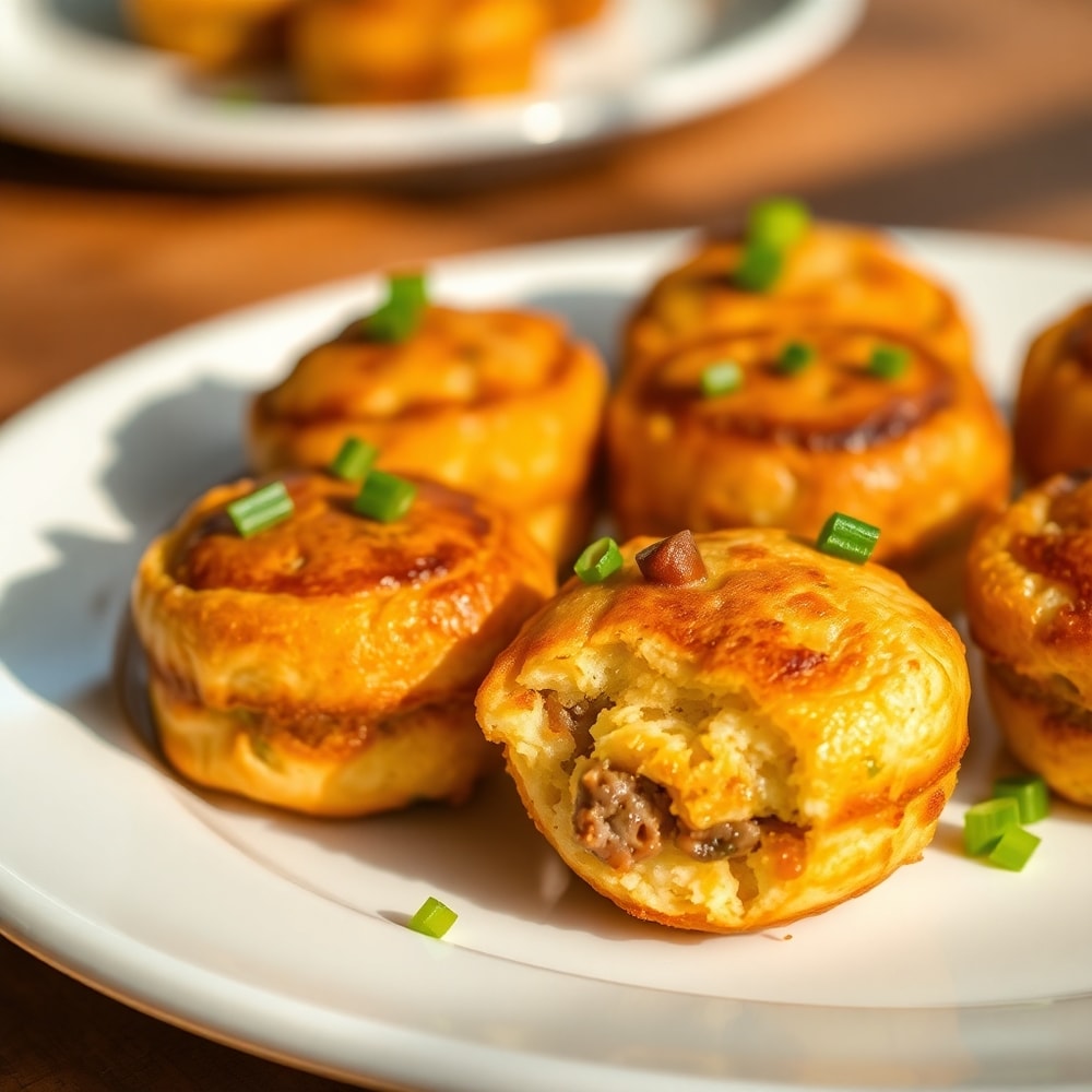 Plated Sausage Pancake Bites with green onions