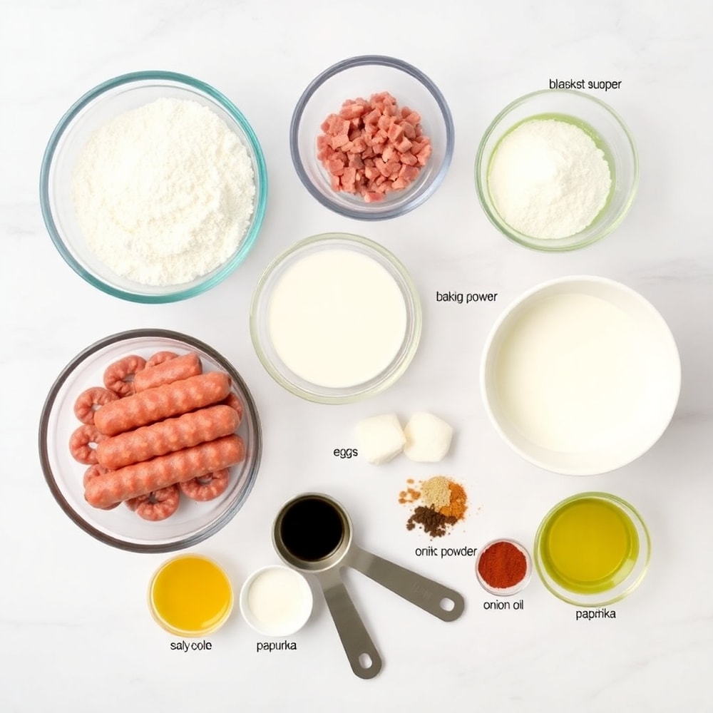 Raw ingredients for Sausage Pancake Bites on a white marble surface