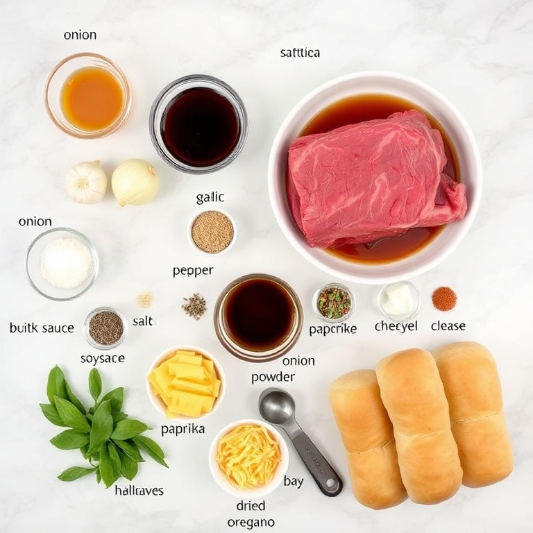 Ingredients for Slow Cooker Beef and Cheddar Sandwiches on a marble counter