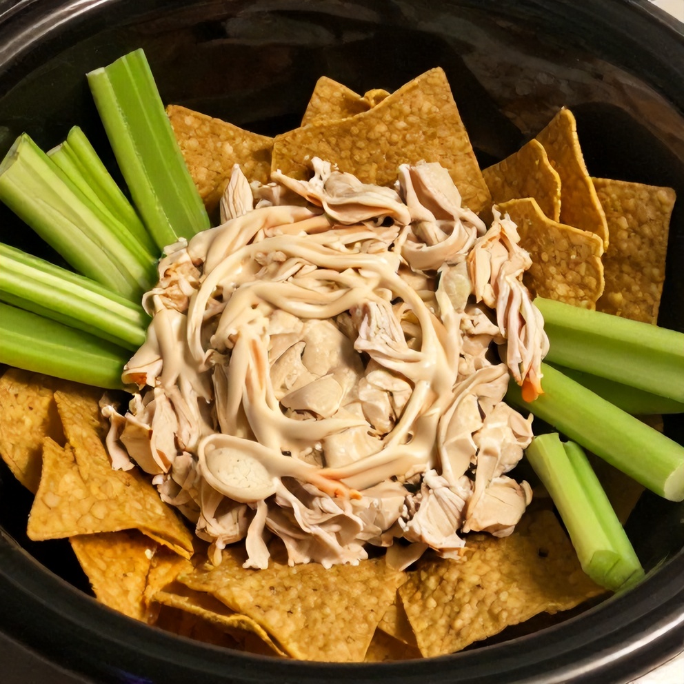 Buffalo chicken dip served in a slow cooker, surrounded by tortilla chips and celery sticks