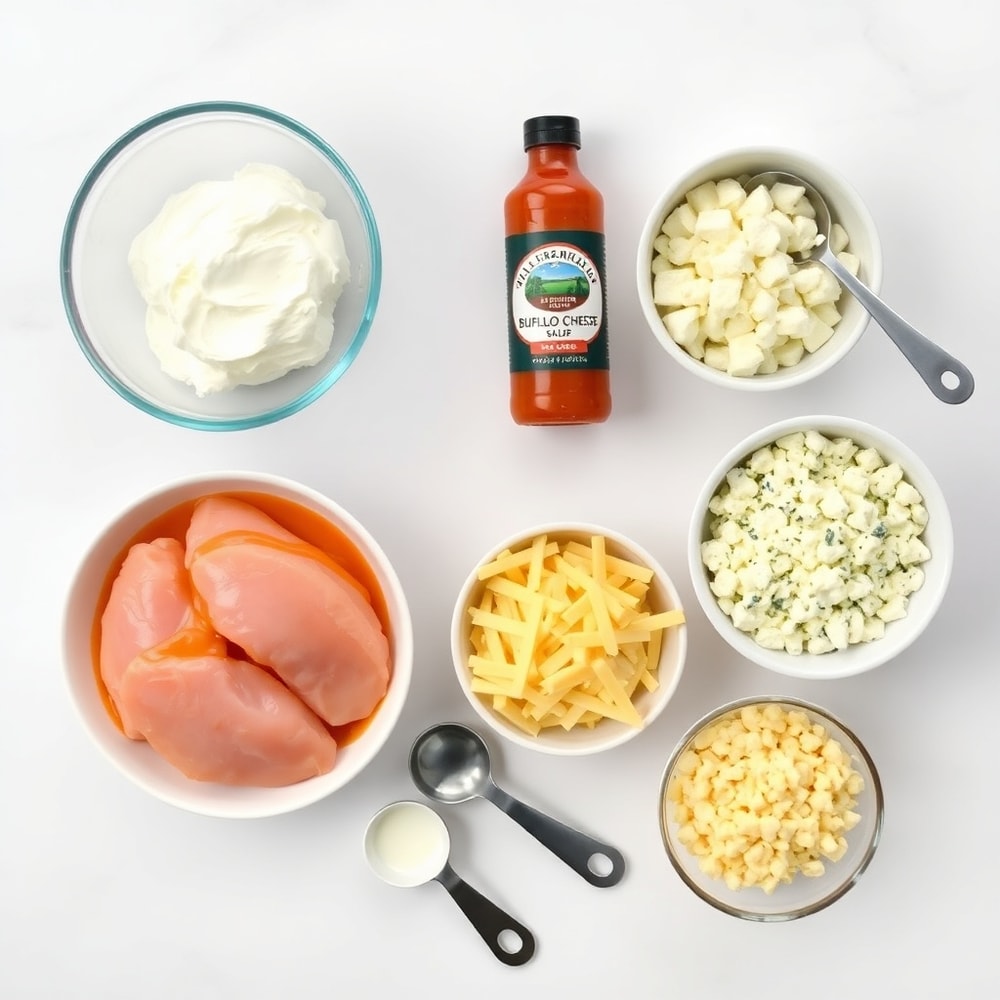 Raw ingredients for buffalo chicken dip: chicken breasts, cream cheese, buffalo sauce, ranch dressing, cheddar cheese, blue cheese crumbles