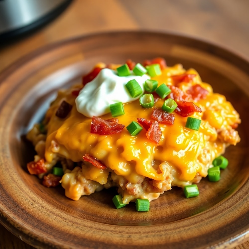 Plated serving of Slow Cooker Cowboy Casserole with a side of garlic bread