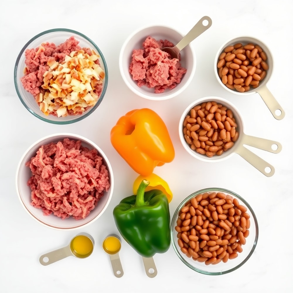 Raw ingredients for Slow Cooker Cowboy Casserole arranged in a flat lay