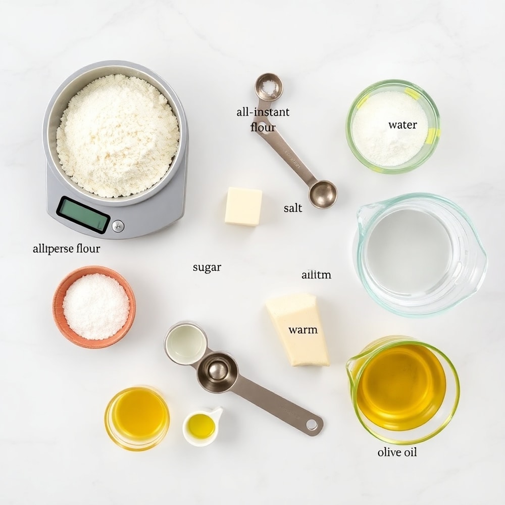 Raw ingredients for small batch ciabatta rolls on a marble surface