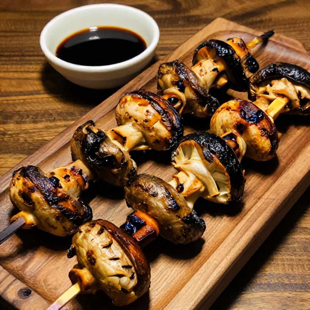 Plated smoky grilled mushroom skewers with parsley garnish