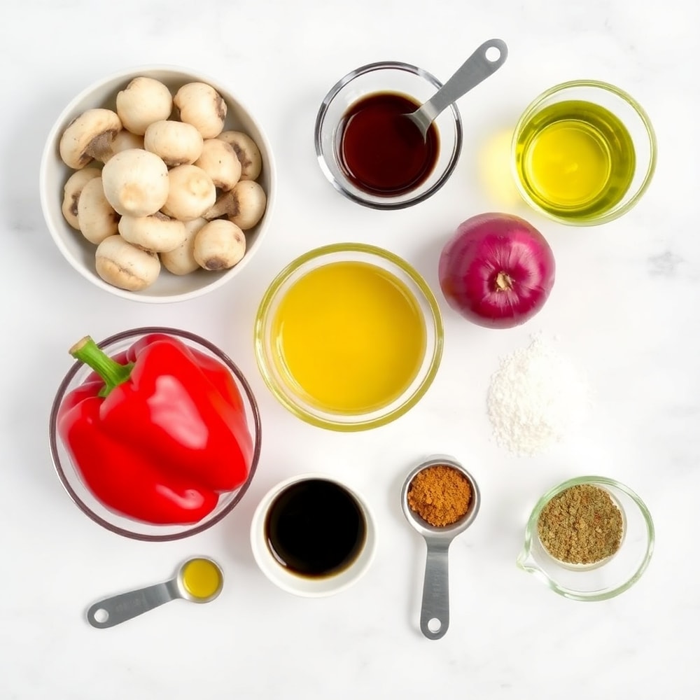 Mushrooms, bell peppers, red onions, olive oil, and seasonings laid out on a wooden surface