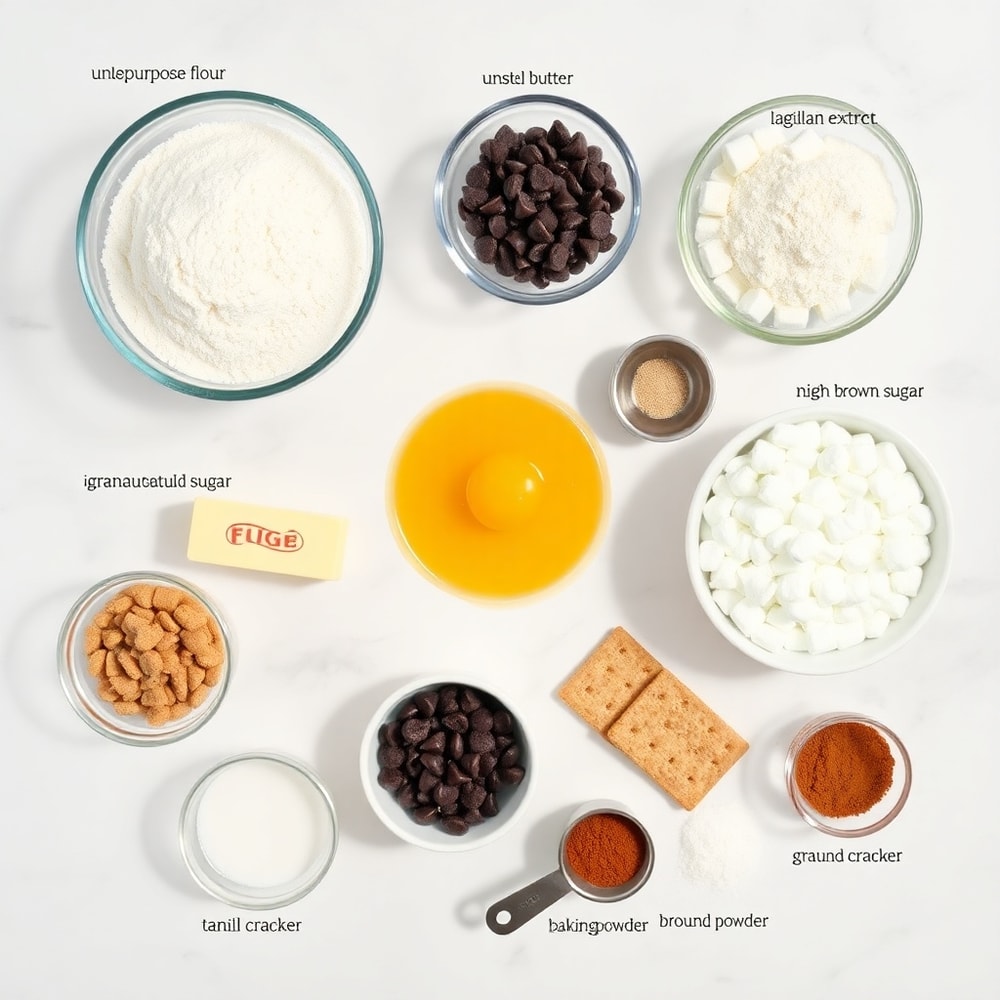 Raw Ingredients for S’mores Cookie Cake: Graham Crackers, Chocolate Chips, Marshmallows, Butter, Sugar, Flour, Eggs
