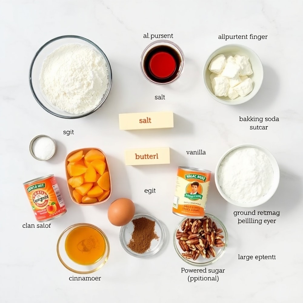 Raw ingredients for Easy Spiced Peach Bread on a marble surface