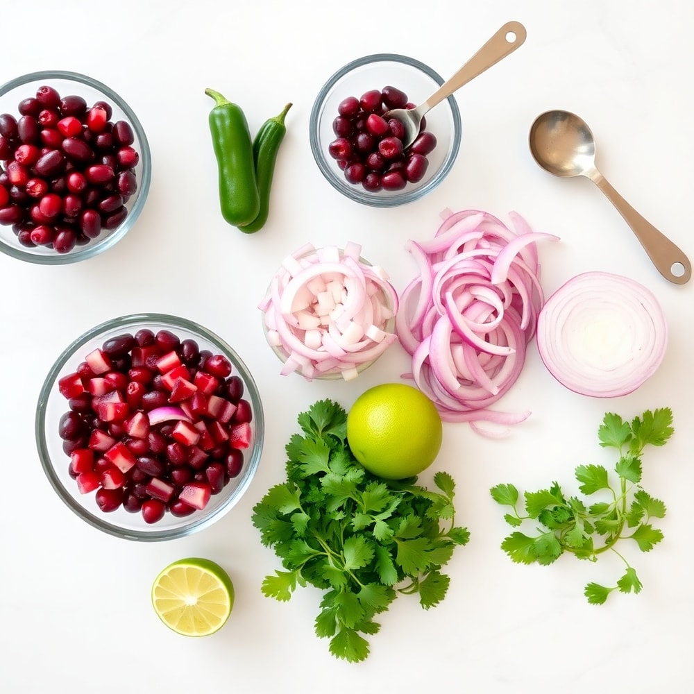 Raw ingredients for Easy Spicy Cranberry Salsa in an overhead flat lay, including cranberries, jalapeƱos, red onion, cilantro, and lime, on a white marble surface with bright even light.