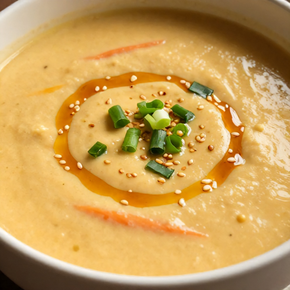 Bowl of Spicy Miso Carrot Soup with a drizzle of sesame oil