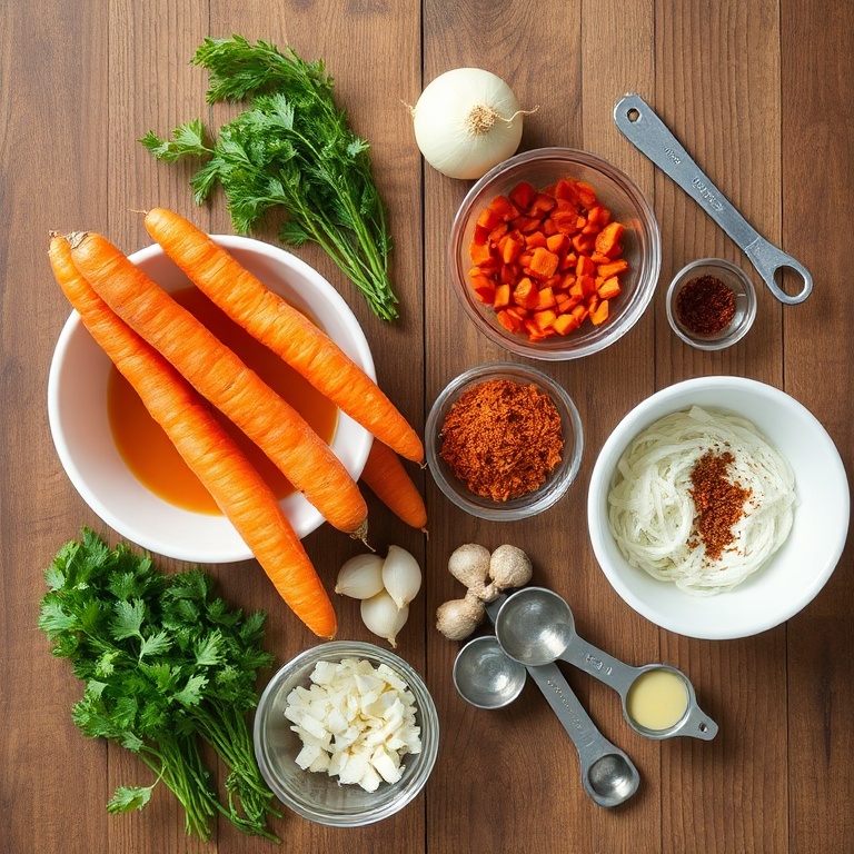 Raw ingredients for Spicy Miso Carrot Soup on a wooden surface