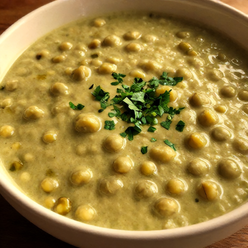Bowl of creamy split pea soup with a sprinkle of chopped parsley