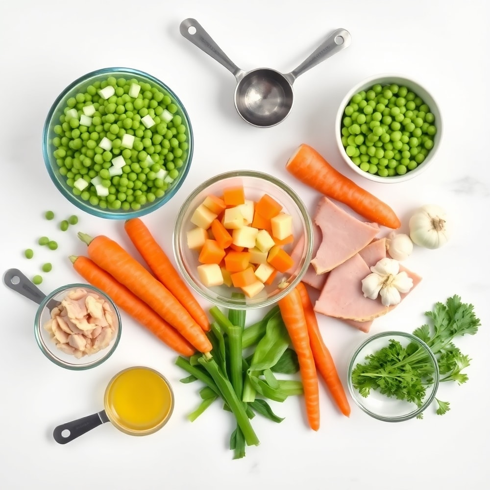 Split peas, onion, carrots, celery, garlic, and ham arranged in a flat lay