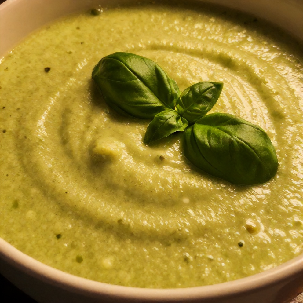 Bowl of creamy zucchini soup with a sprig of basil