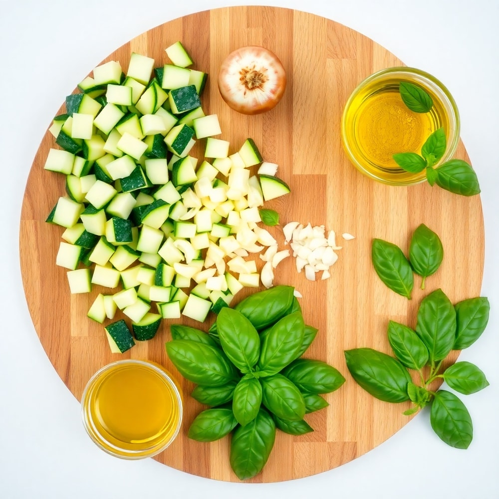 Zucchini, basil, garlic, onion, and olive oil arranged on a wooden board