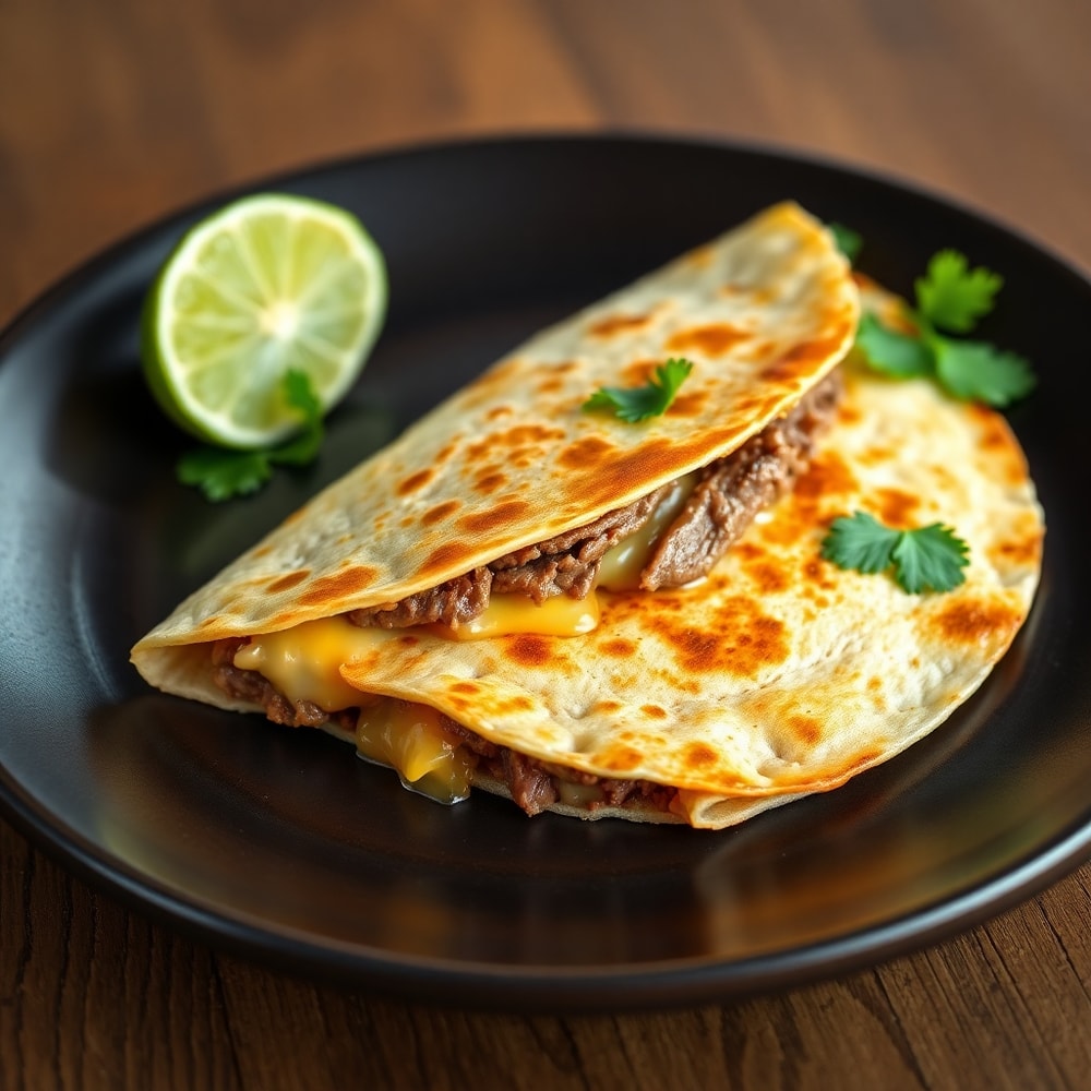 A perfectly plated Steak Cheese Quesadilla with a lime wedge