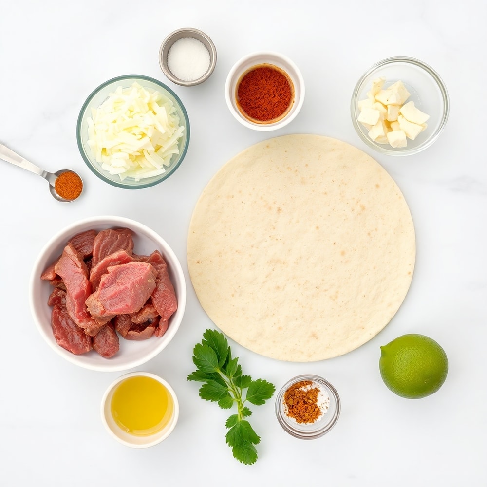 Raw ingredients for Steak Cheese Quesadillas on a marble surface