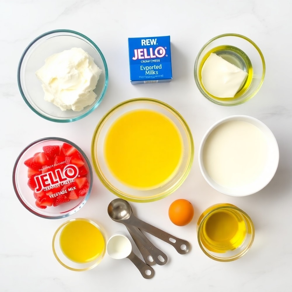 Strawberry Earthquake Cake ingredients on a marble counter
