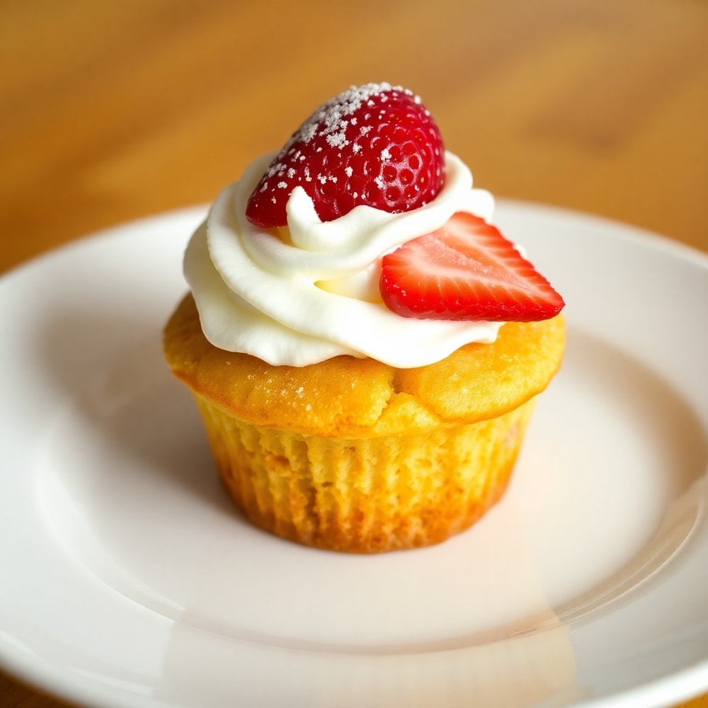 Strawberry Shortcake Muffins with whipped cream and a strawberry on top
