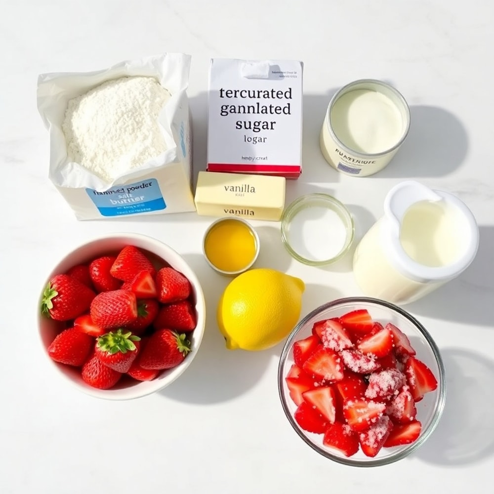 Ingredients for Strawberry Shortcake Muffins on a marble counter