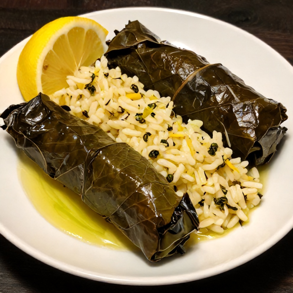 Plated Easy Stuffed Grape Leaves with Lemon Rice
