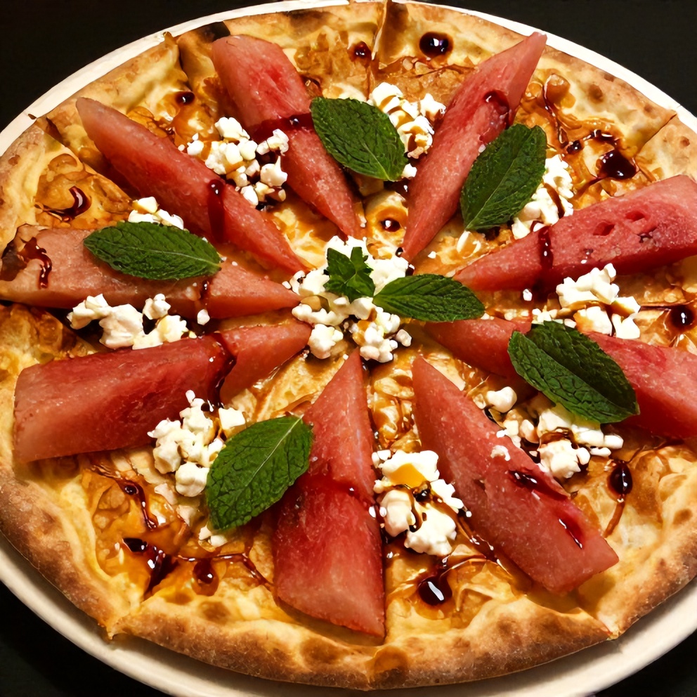 Plated watermelon pizza with feta and mint